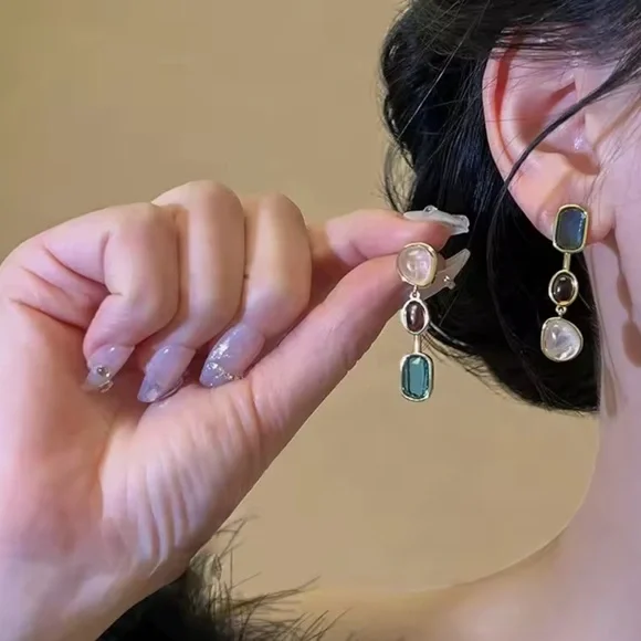 Elegant Gold and Multicolor Stone Earrings - Picture 2 of 6